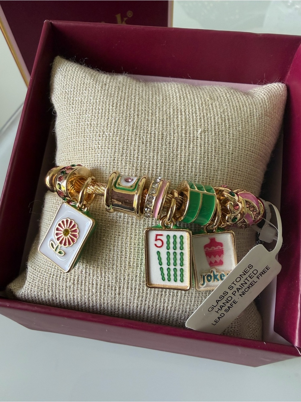 Viral Piper k Gold mahjong Charm Bangle with Pink, Green charms - Picture 3 of 4